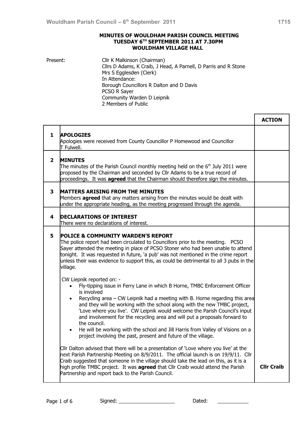 Minutes of Wouldham Parish Council Meeting