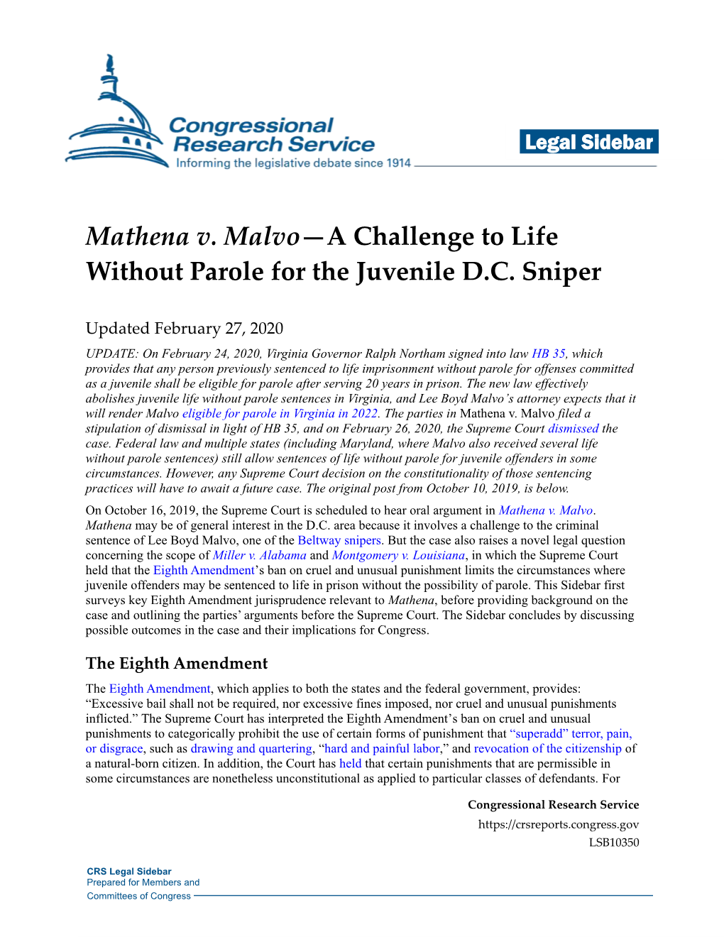 Mathena V. Malvo—A Challenge to Life Without Parole for the Juvenile D.C
