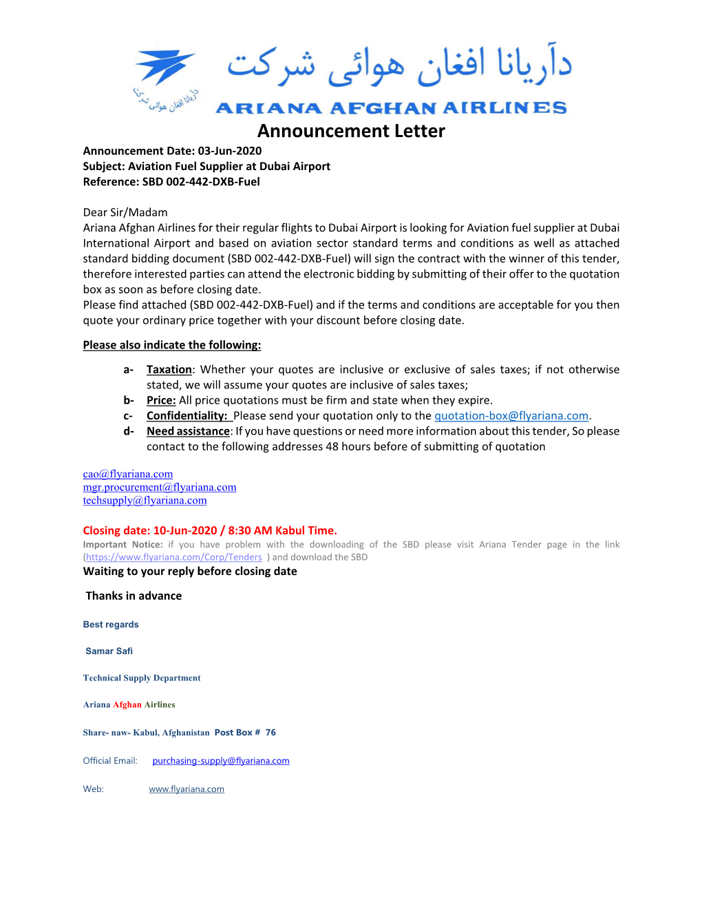 Announcement Letter Announcement Date: 03‐Jun‐2020 Subject: Aviation Fuel Supplier at Dubai Airport Reference: SBD 002‐442‐DXB‐Fuel