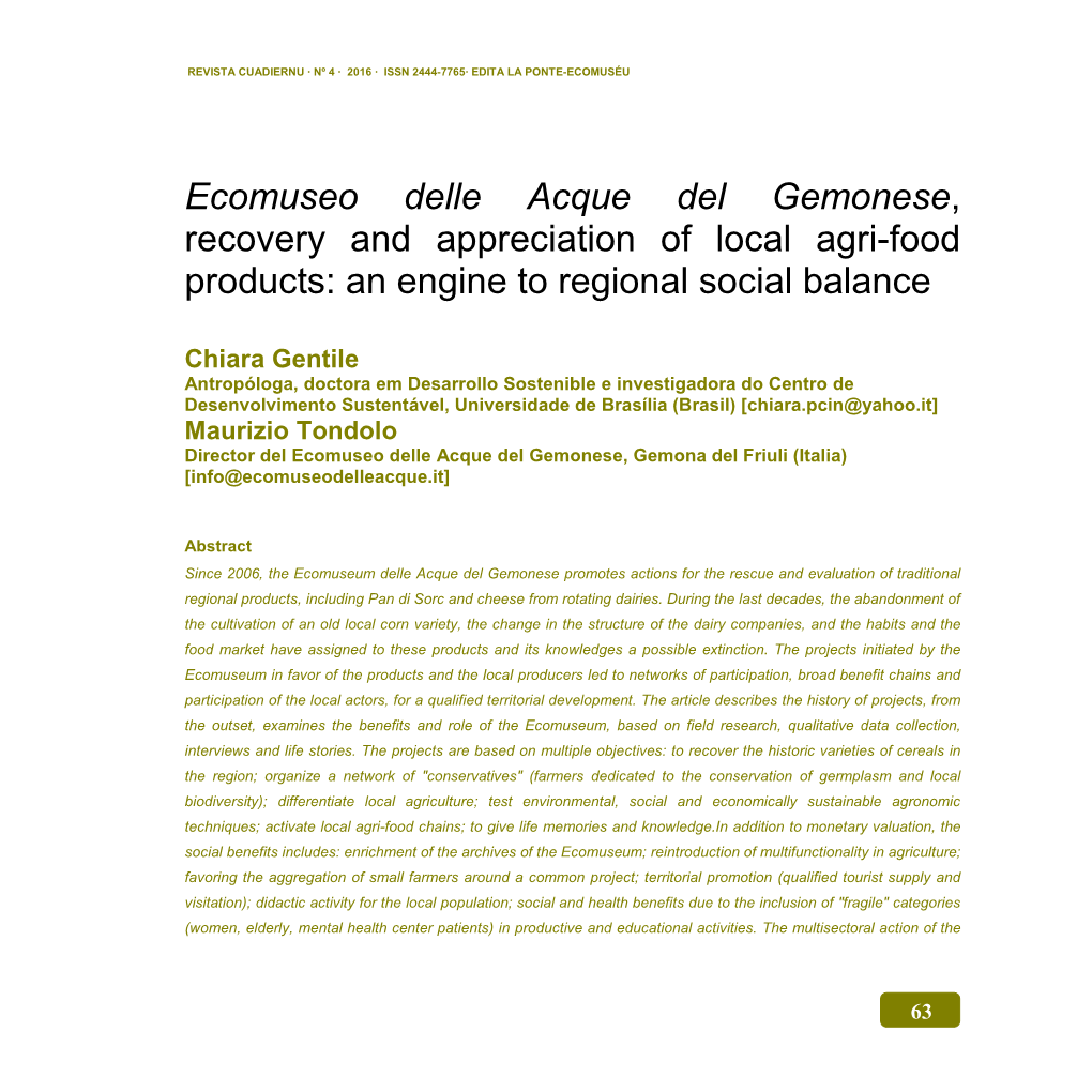 Ecomuseo Delle Acque Del Gemonese, Recovery and Appreciation of Local Agri-Food Products: an Engine to Regional Social Balance