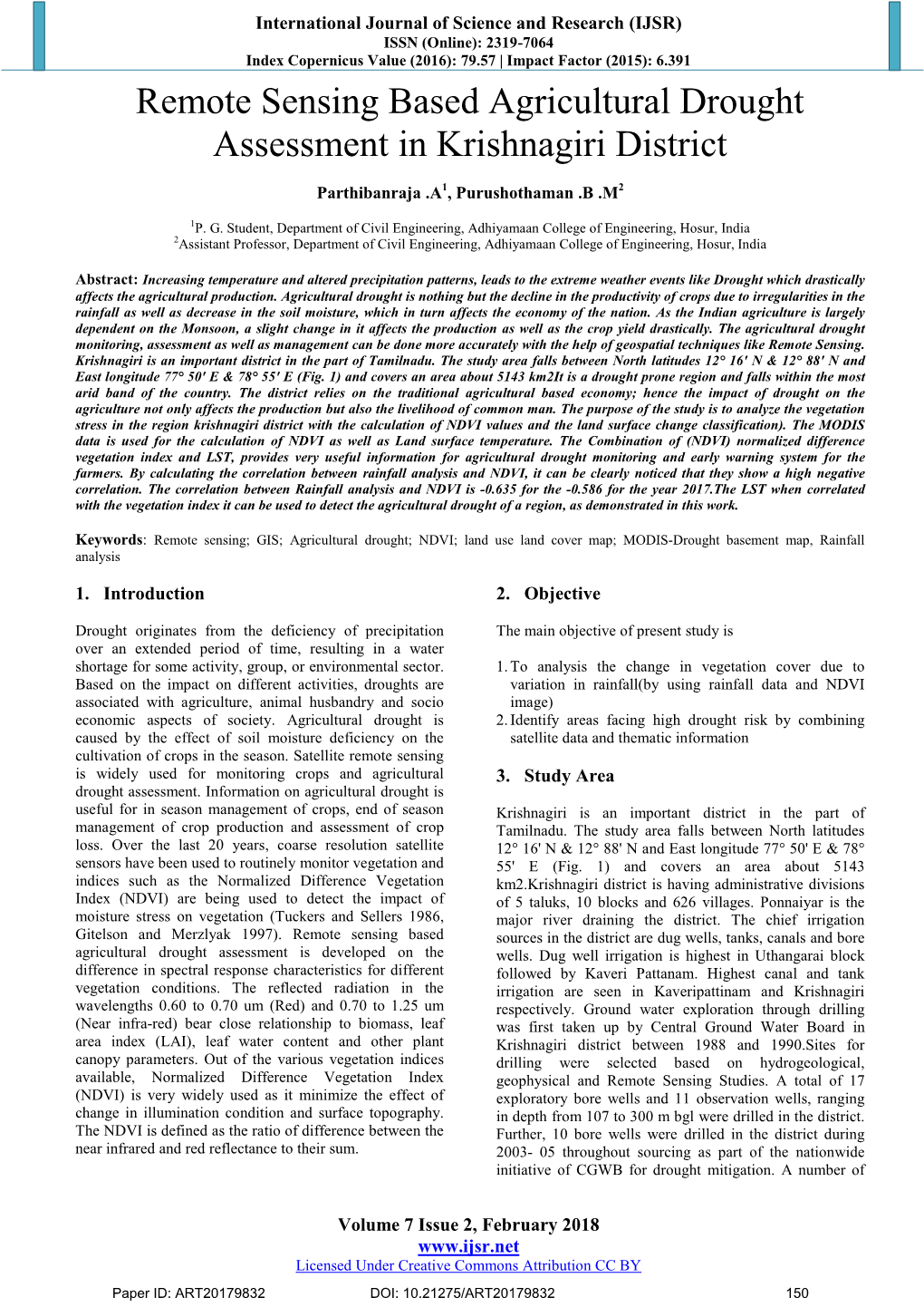 Remote Sensing Based Agricultural Drought Assessment in Krishnagiri District