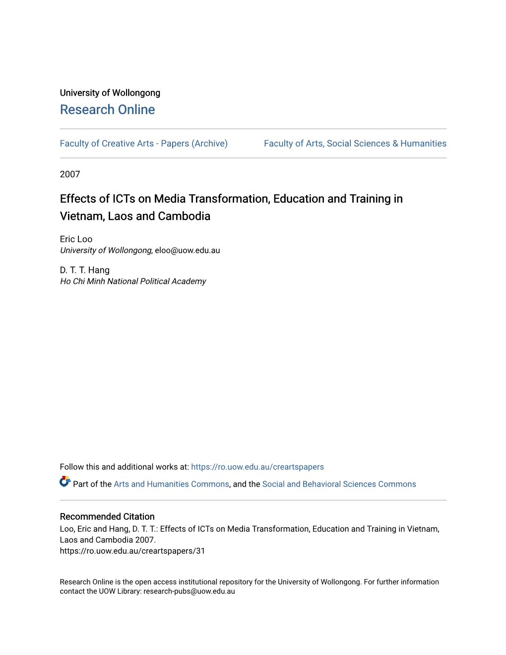 Effects of Icts on Media Transformation, Education and Training in Vietnam, Laos and Cambodia