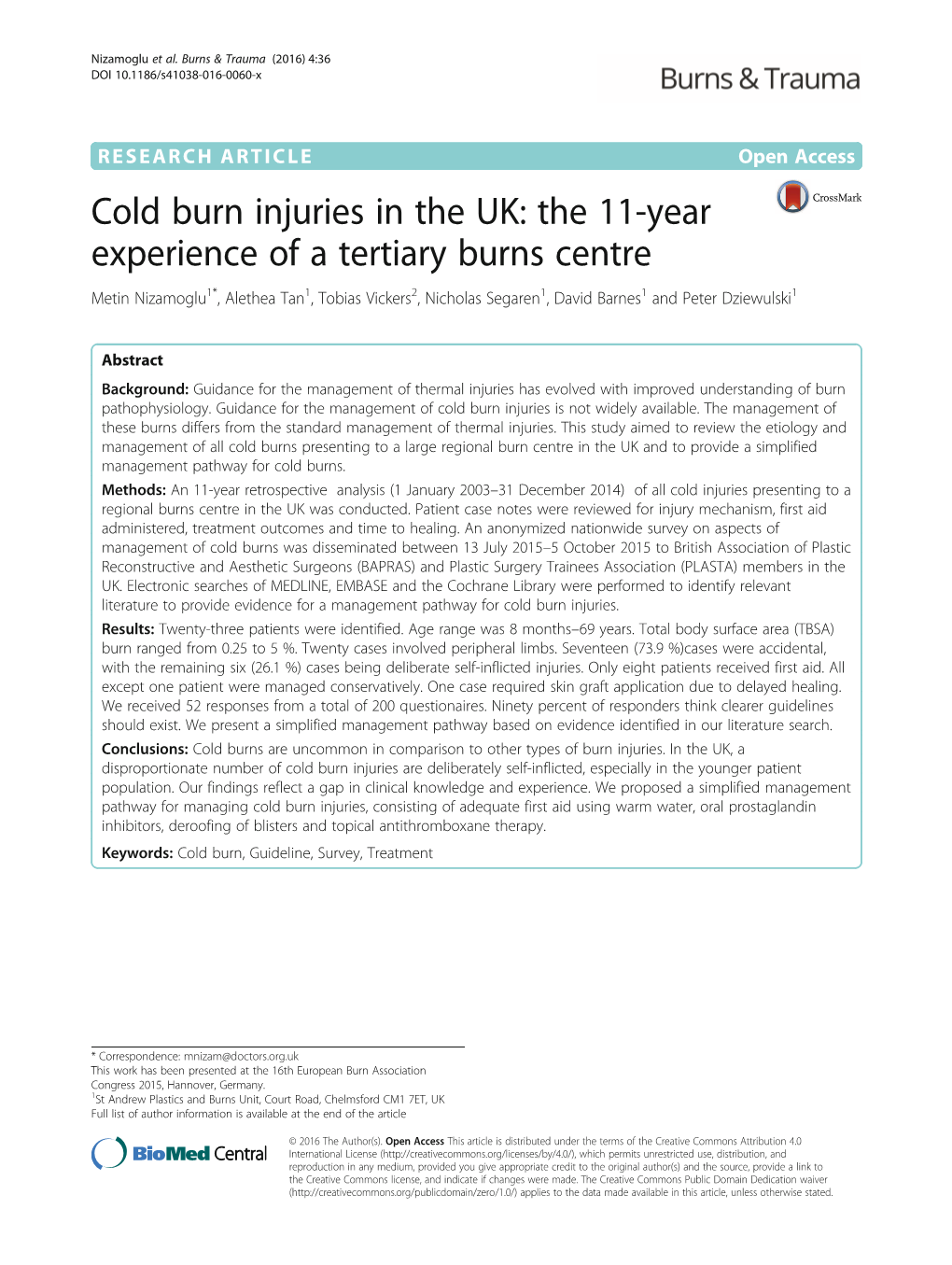 Cold Burn Injuries in the UK