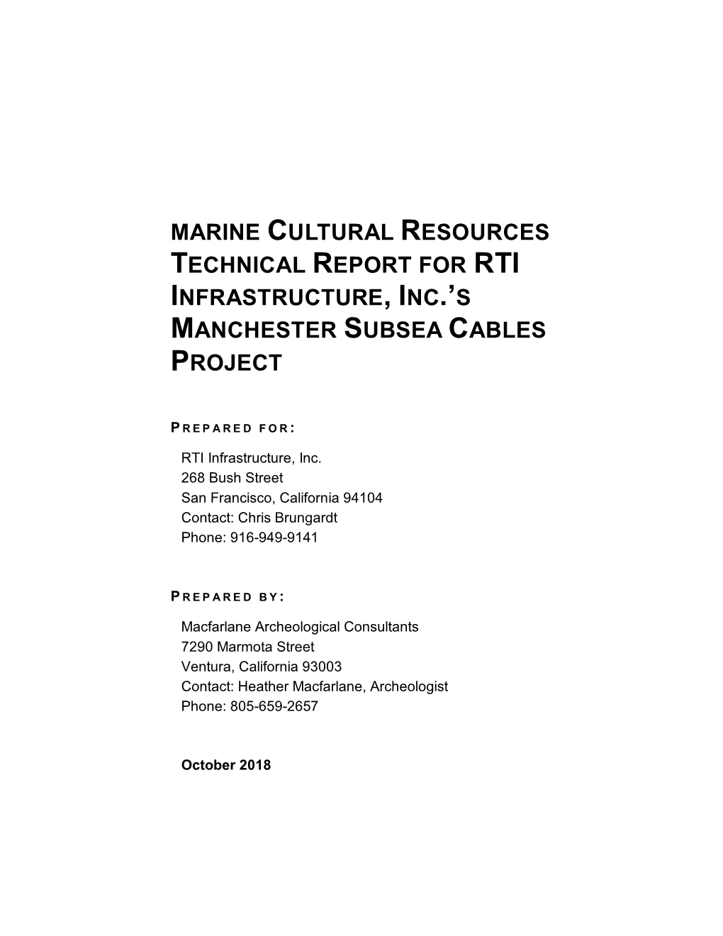 Marine Cultural Resources Technical Report for Rti Infrastructure, Inc.’S Manchester Subsea Cables Project