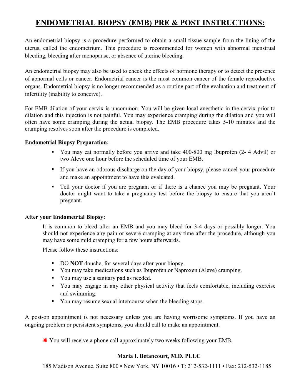 Endometrial Biopsy (Emb) Pre & Post Instructions