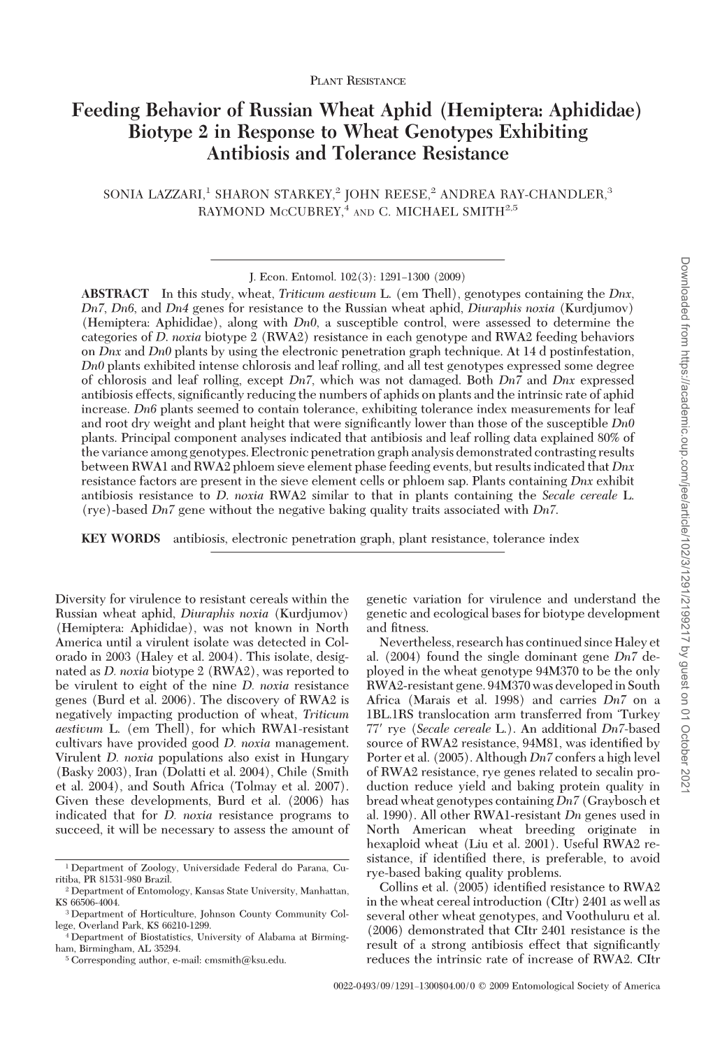 Feeding Behavior of Russian Wheat Aphid (Hemiptera: Aphididae) Biotype 2 in Response to Wheat Genotypes Exhibiting Antibiosis and Tolerance Resistance