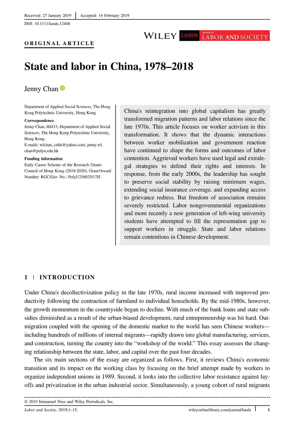 State and Labor in China, 1978-2018