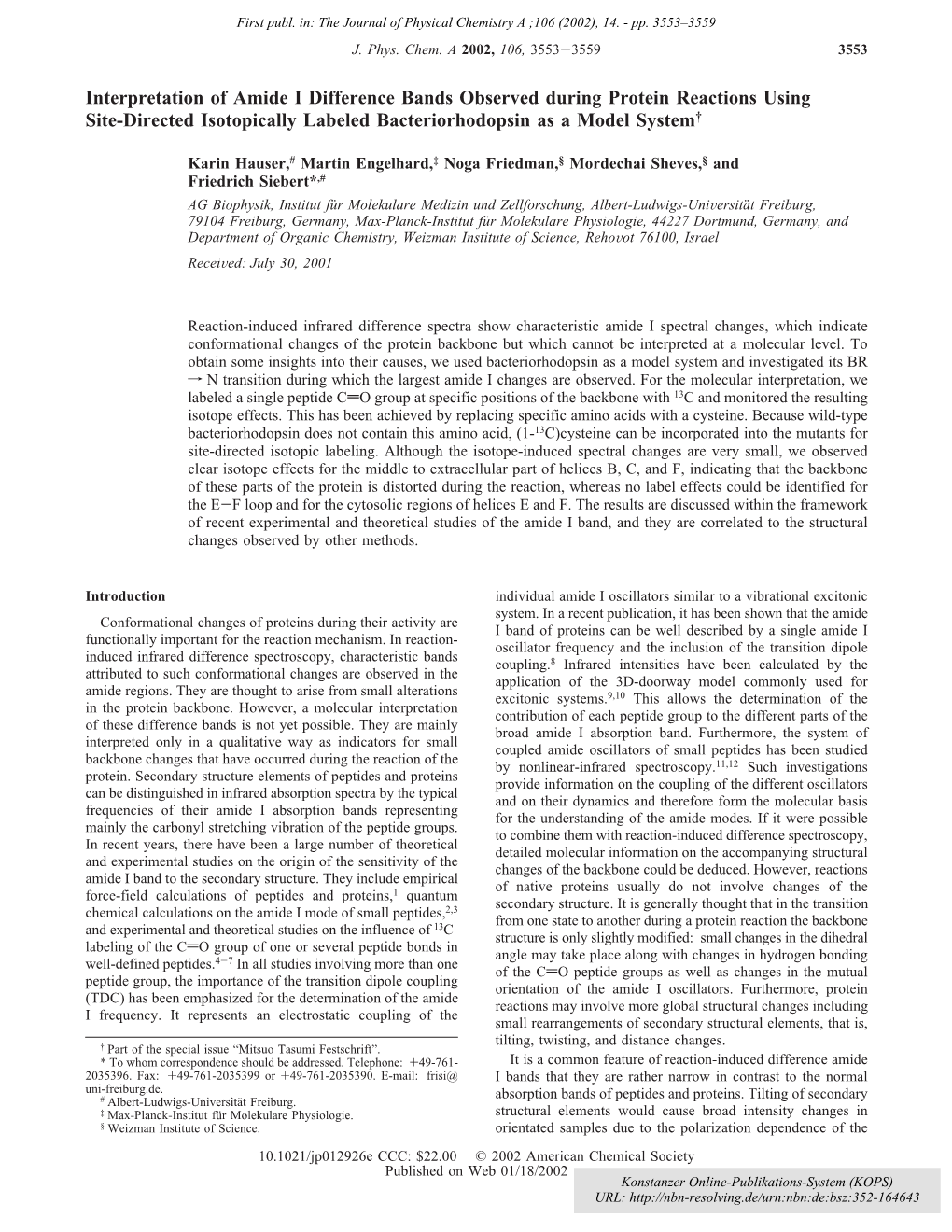 Interpretation of Amide I Difference Bands Observed During Protein Reactions Using Site-Directed Isotopically Labeled Bacteriorhodopsin As a Model System†