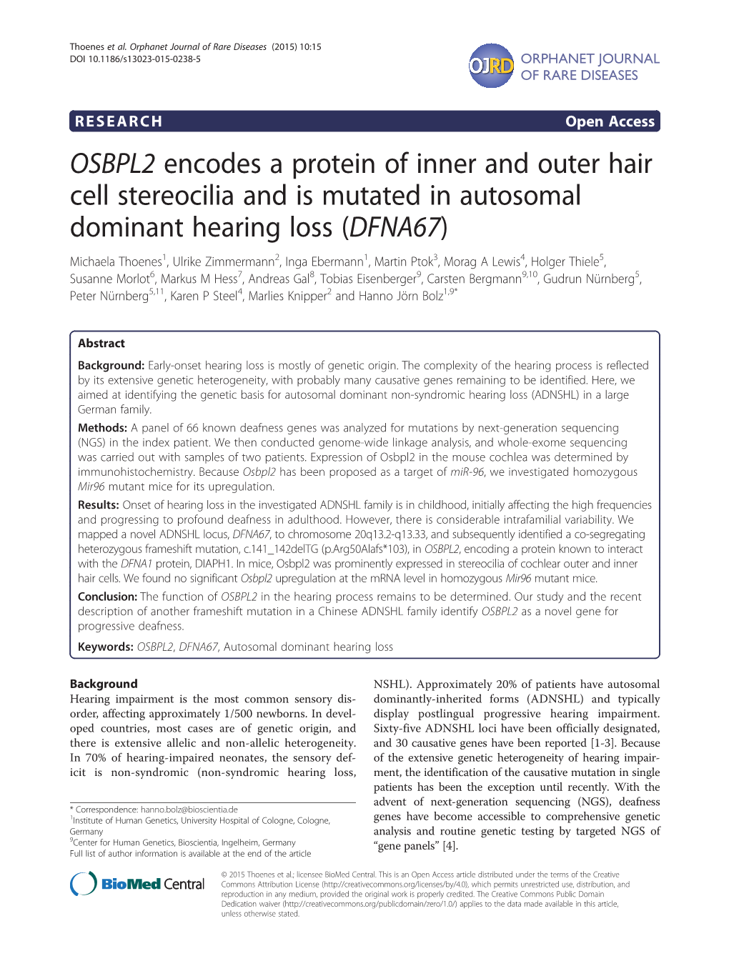 OSBPL2 Encodes a Protein of Inner and Outer Hair Cell