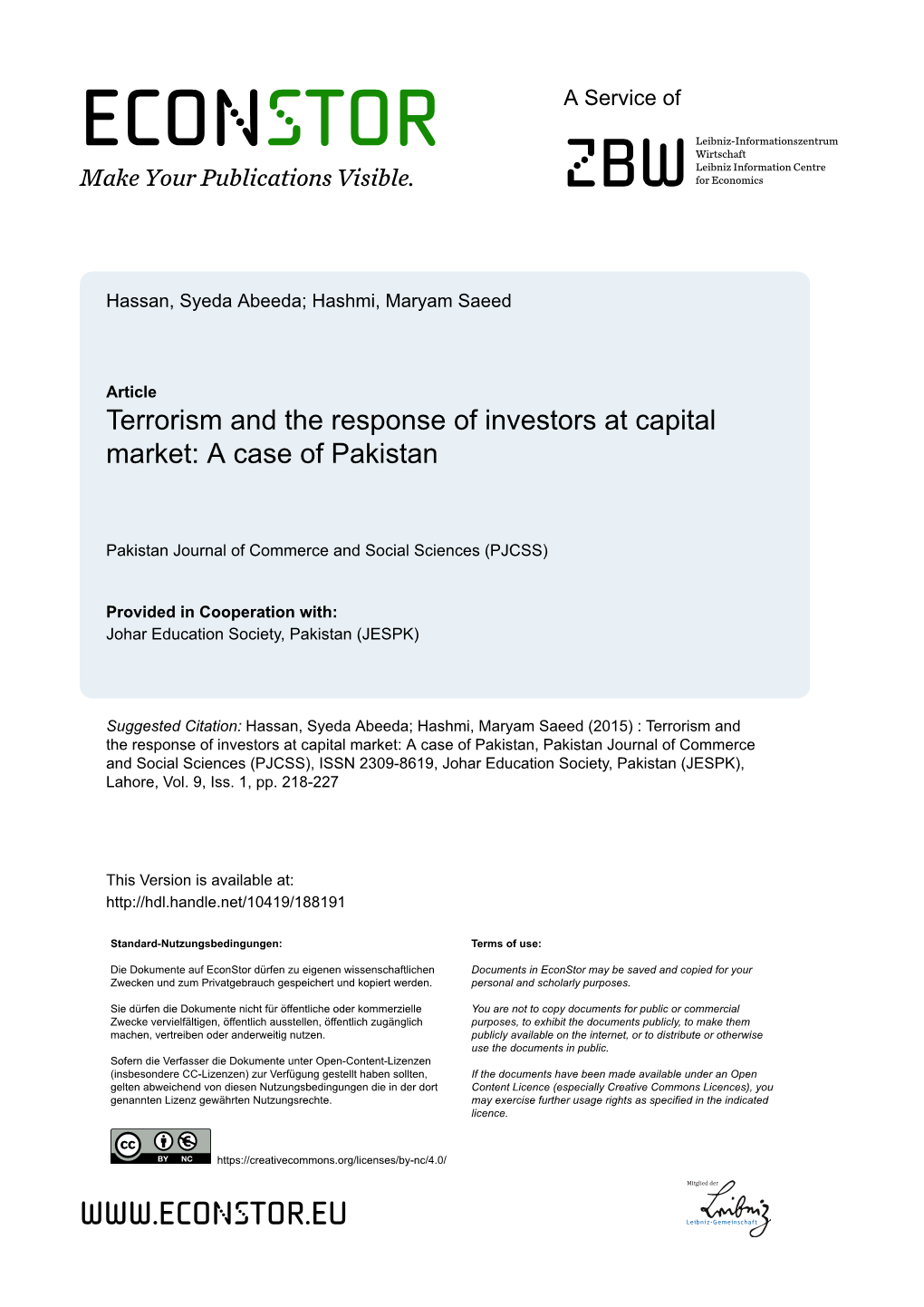 Terrorism and the Response of Investors at Capital Market: a Case of Pakistan