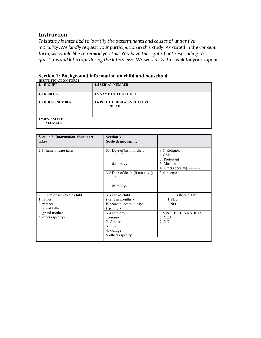 Section 1: Background Information on Child and Household