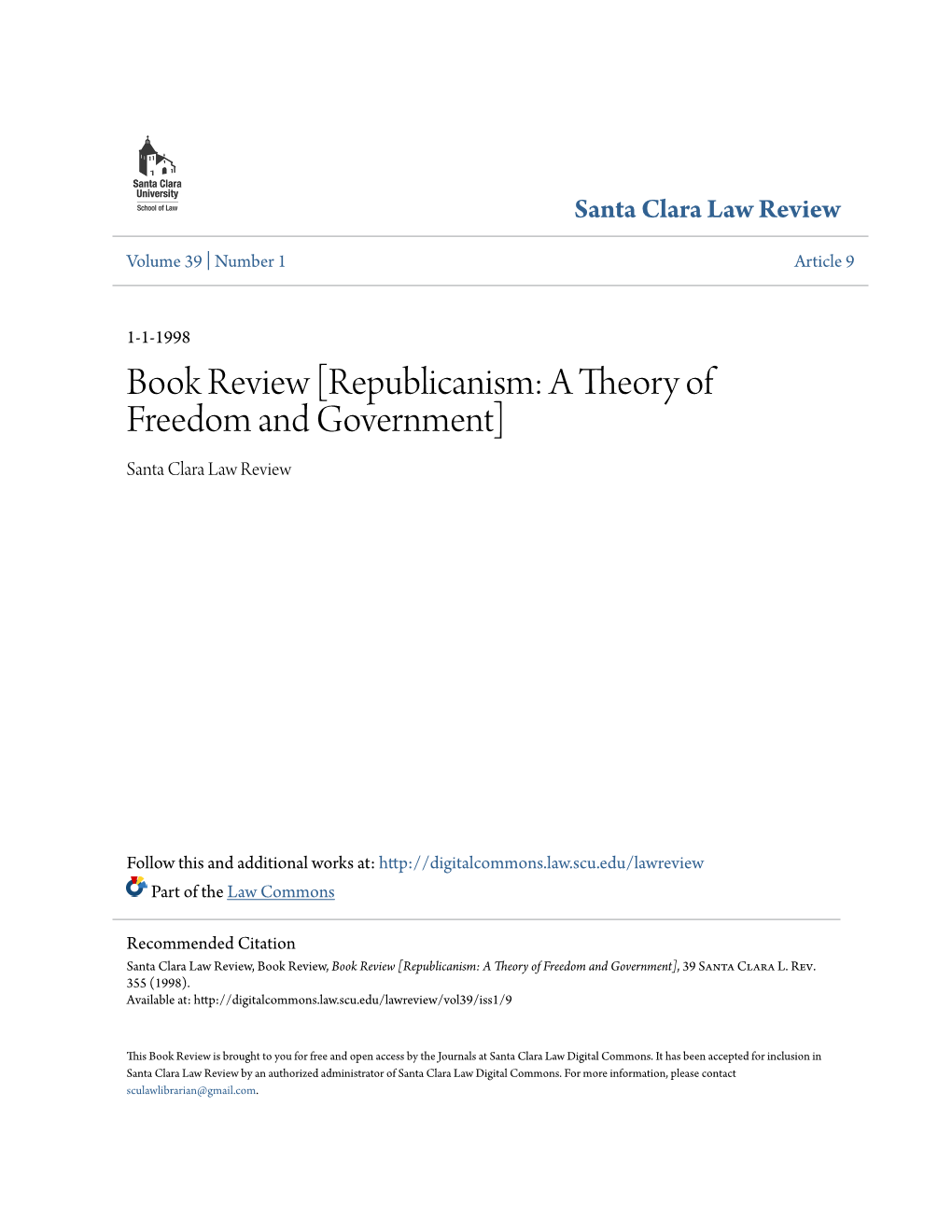 Book Review [Republicanism: a Theory of Freedom and Government] Santa Clara Law Review