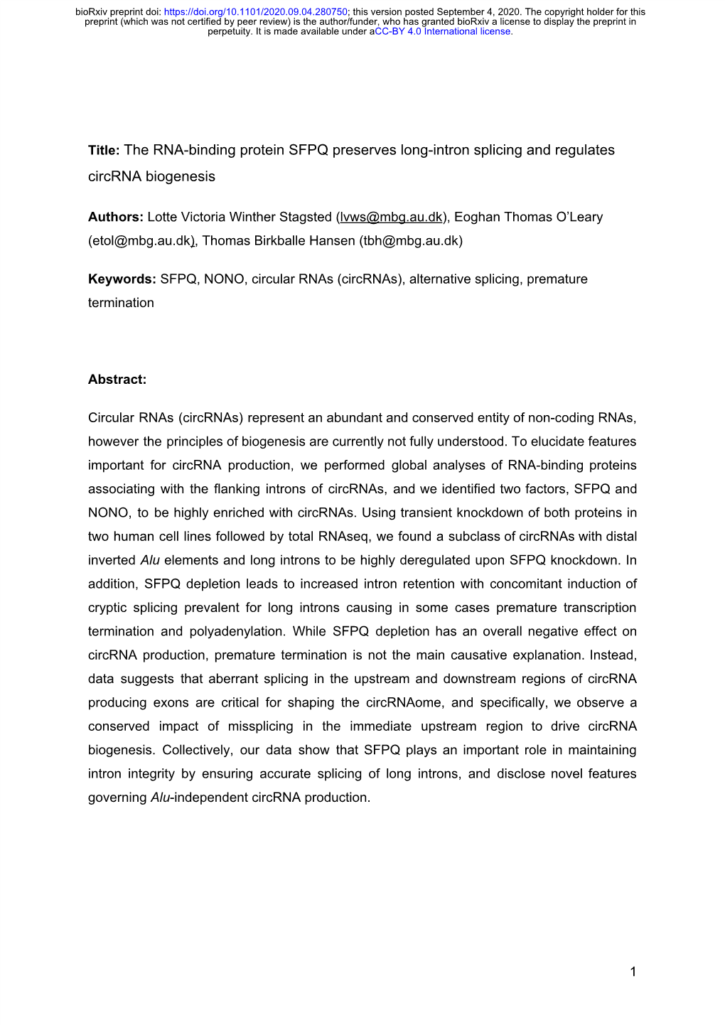 Title:​​The RNA-Binding Protein SFPQ Preserves Long-Intron Splicing and Regulates Circrna Biogenesis