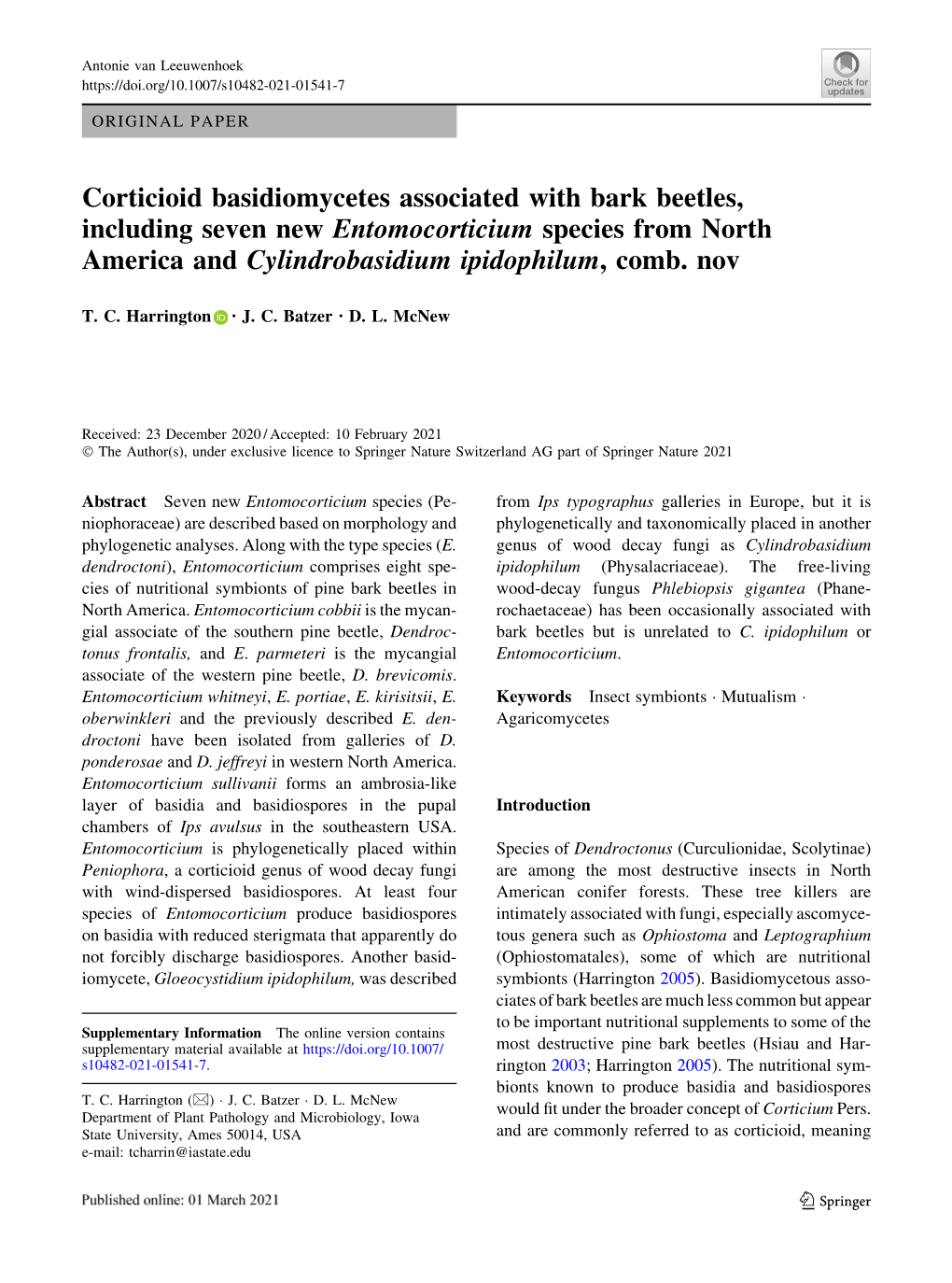 Corticioid Basidiomycetes Associated with Bark Beetles, Including Seven New Entomocorticium Species from North America and Cylindrobasidium Ipidophilum, Comb