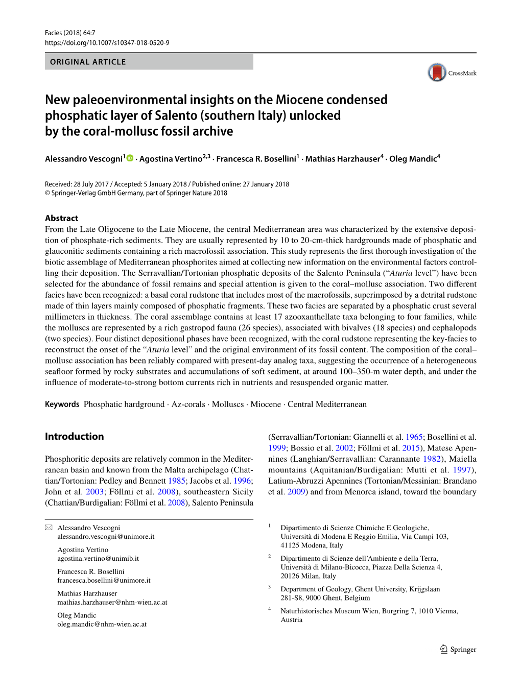 New Paleoenvironmental Insights on the Miocene Condensed Phosphatic Layer of Salento (Southern Italy) Unlocked by the Coral‑Mollusc Fossil Archive