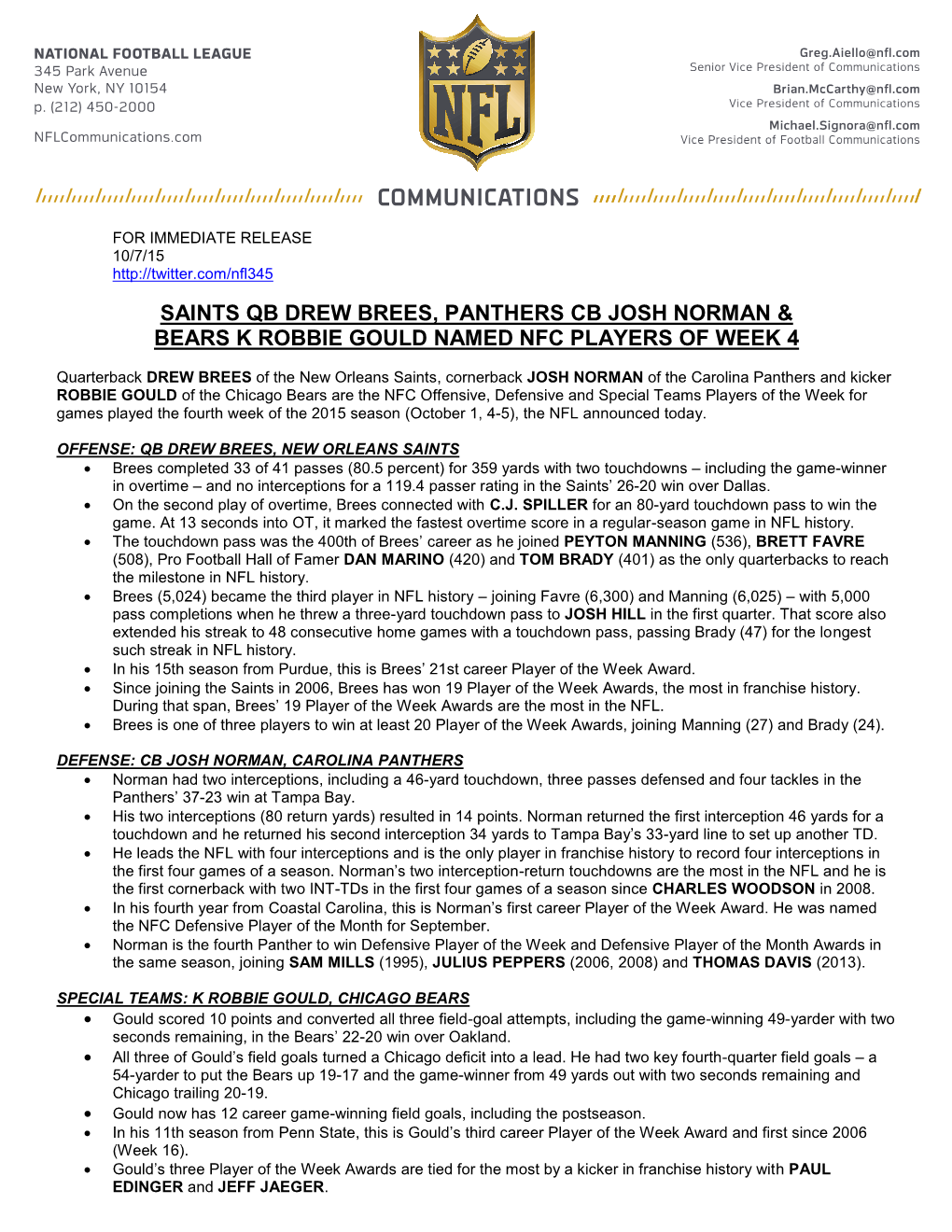 Saints Qb Drew Brees, Panthers Cb Josh Norman & Bears K Robbie Gould Named Nfc Players of Week 4