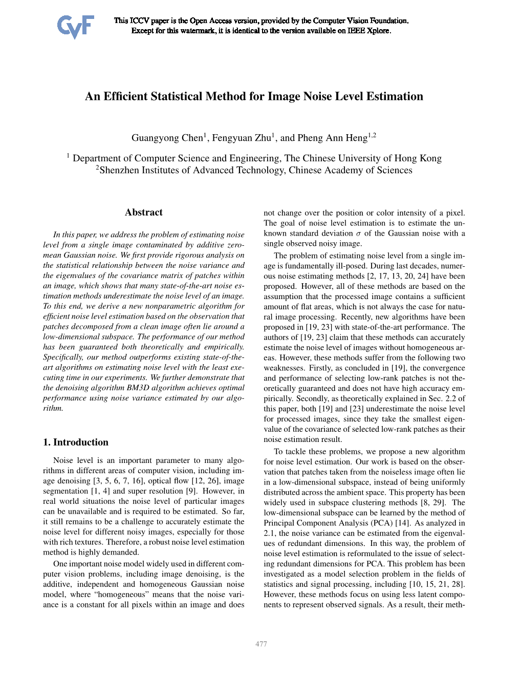 An Efficient Statistical Method for Image Noise Level Estimation