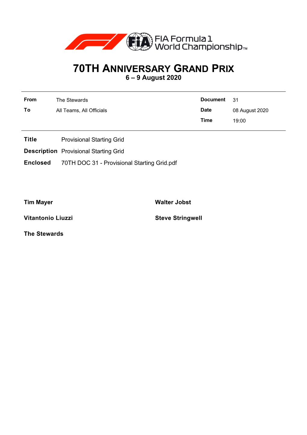 70TH ANNIVERSARY GRAND PRIX 6 – 9 August 2020