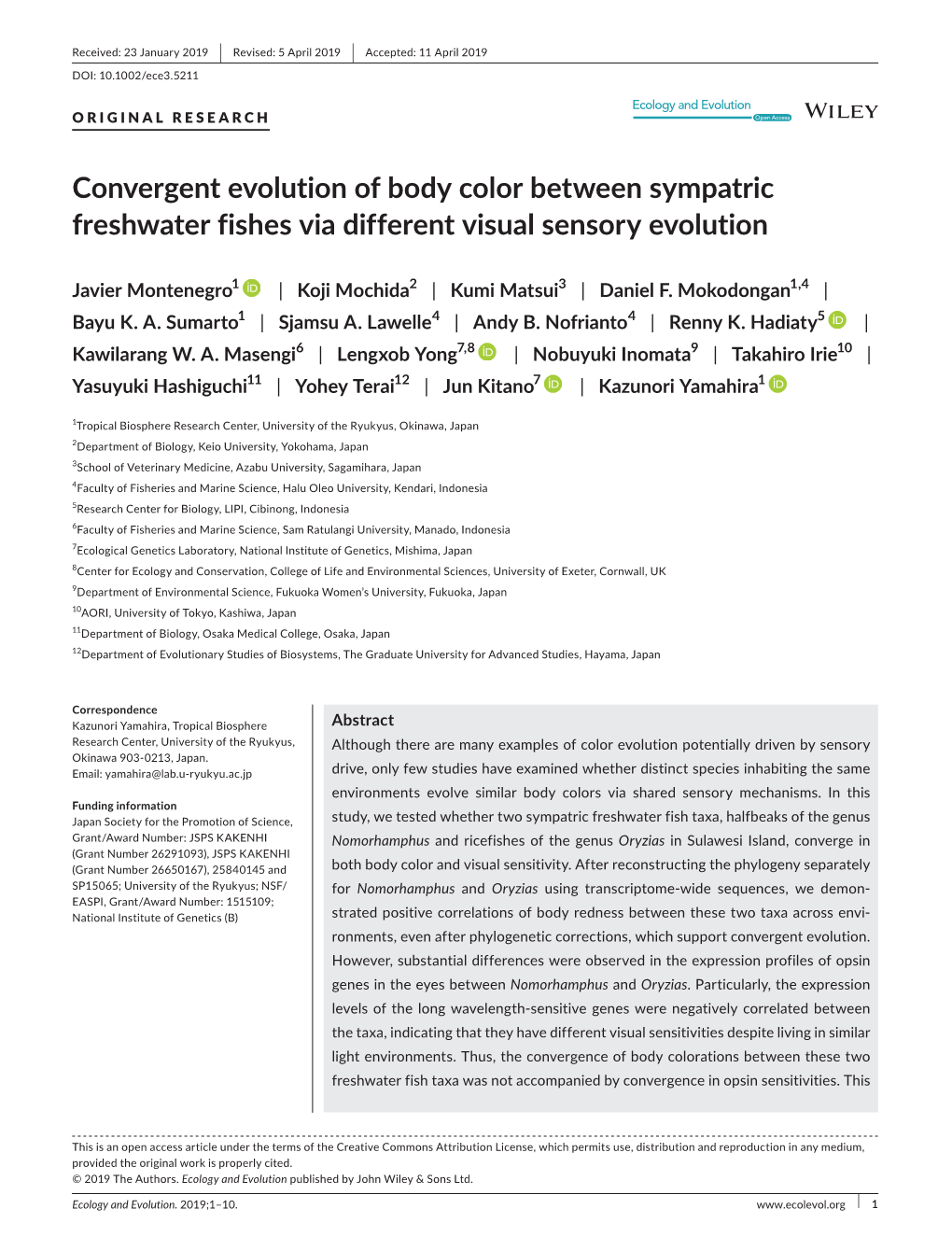Convergent Evolution of Body Color Between Sympatric Freshwater Fishes Via Different Visual Sensory Evolution