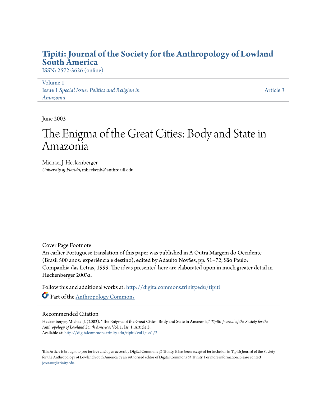 The Enigma of the Great Cities: Body and State in Amazonia1