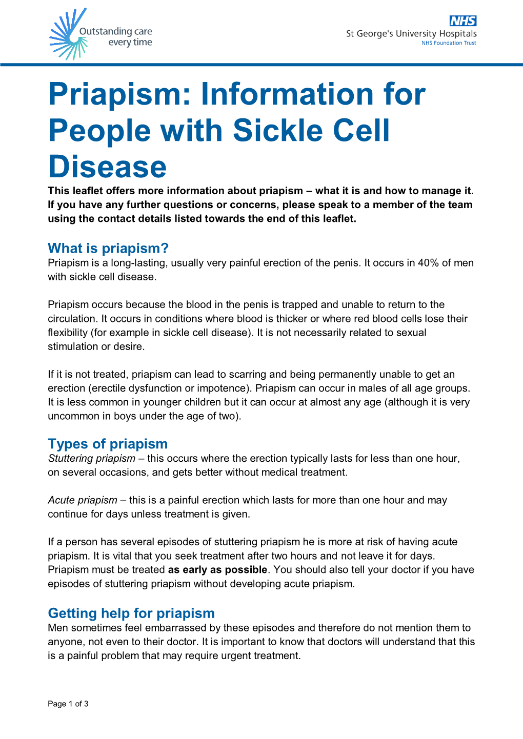 Priapism: Information for People with Sickle Cell Disease This Leaflet Offers More Information About Priapism – What It Is and How to Manage It