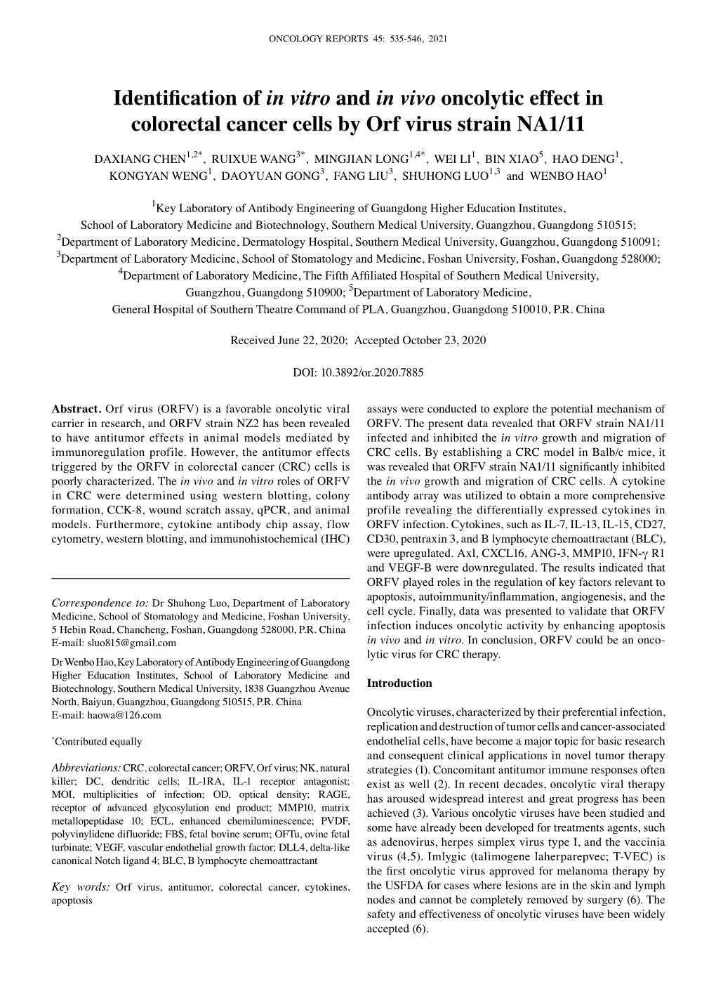 Identification of in Vitro and in Vivo Oncolytic Effect in Colorectal Cancer