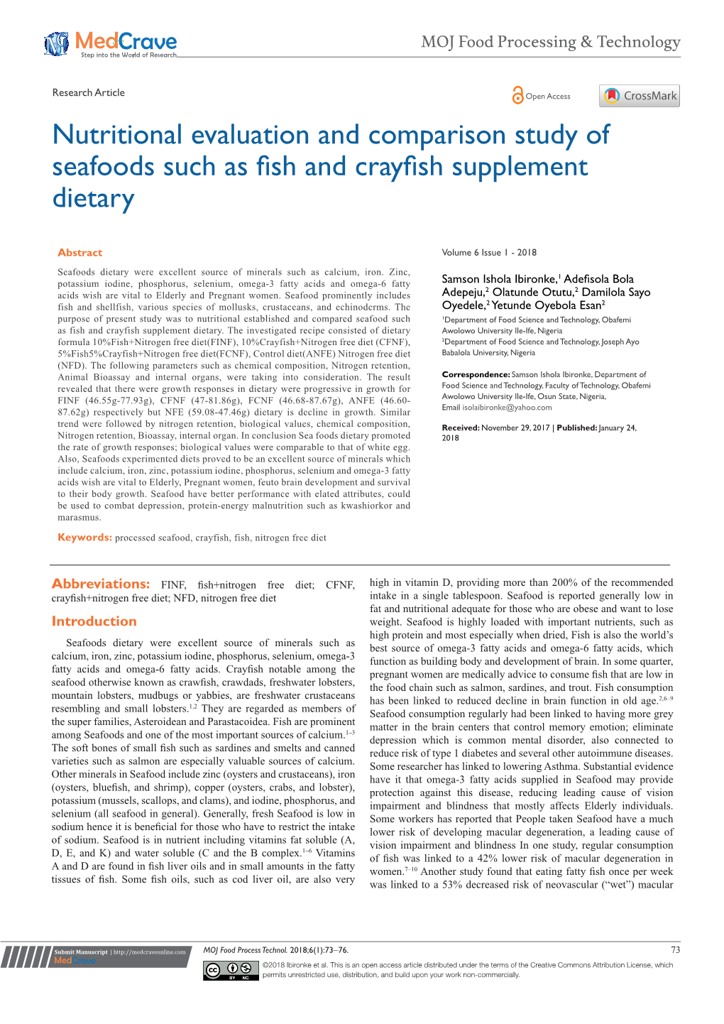 Nutritional Evaluation and Comparison Study of Seafoods Such As Fish and Crayfish Supplement Dietary