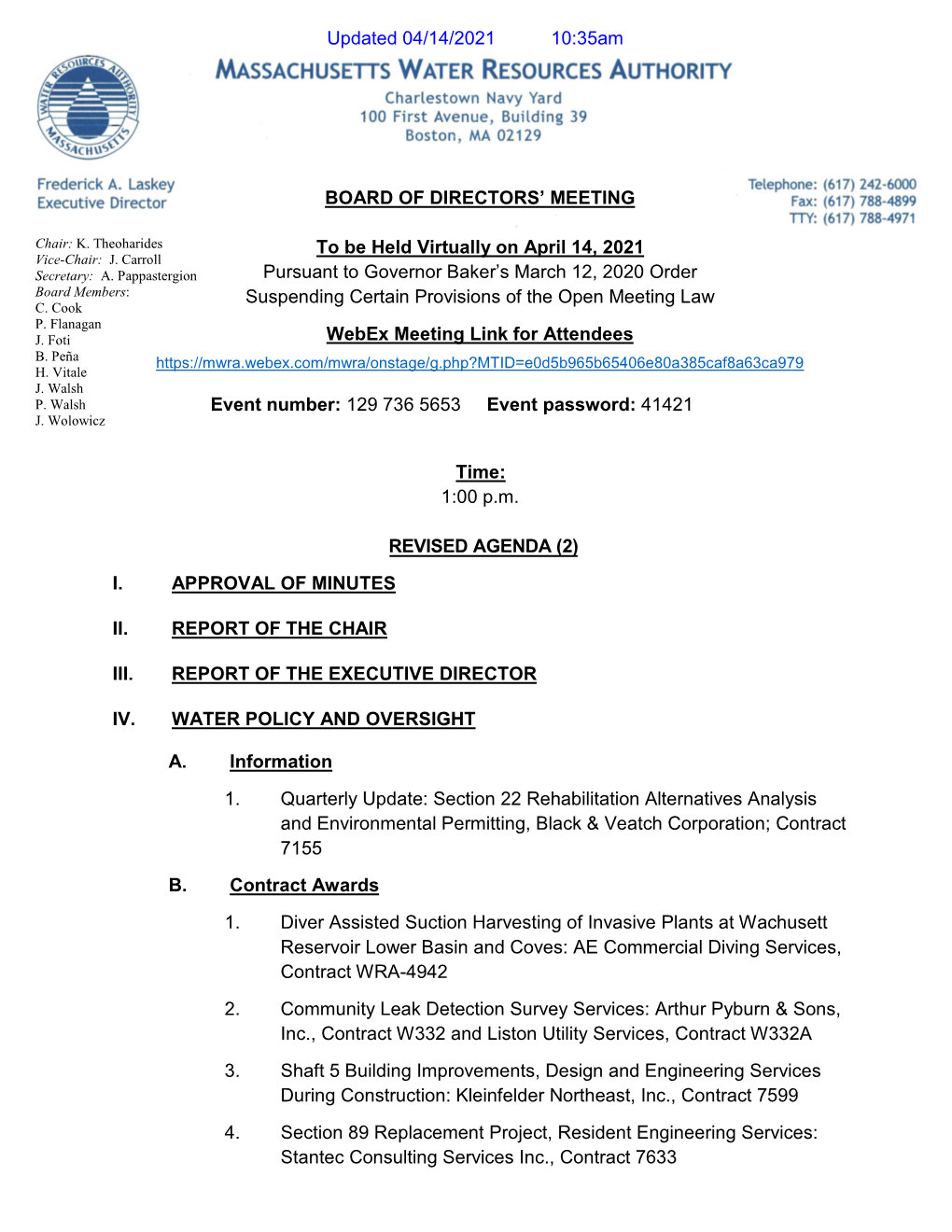 MWRA OS Board of Directors Meeting Materials