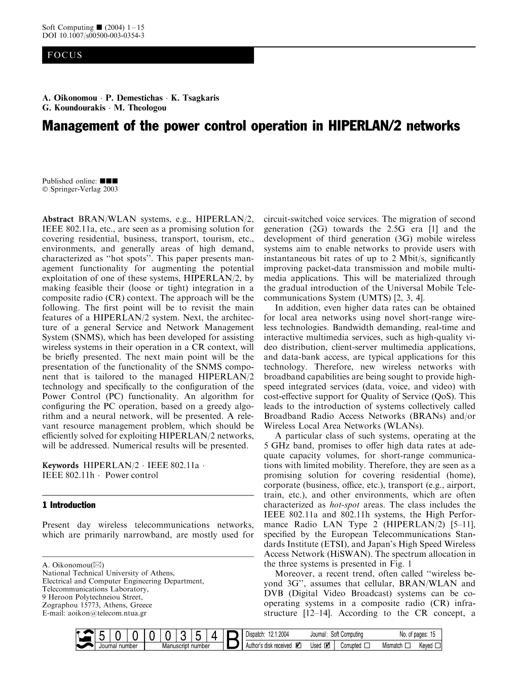 Management of the Power Control Operation in HIPERLAN/2 Networks