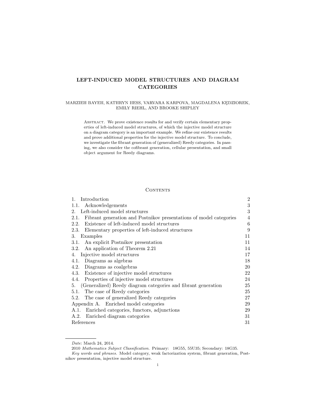 Left-Induced Model Structures and Diagram Categories