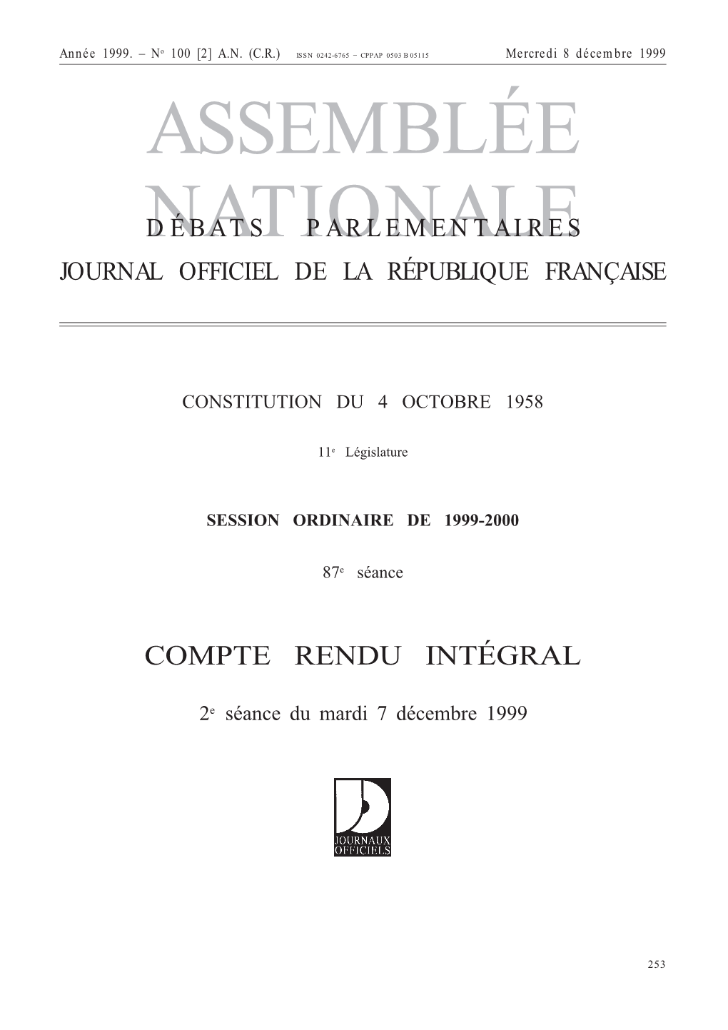 ASSEMBLÉE NATIONALE – 2E SÉANCE DU 7 DÉCEMBRE 1999