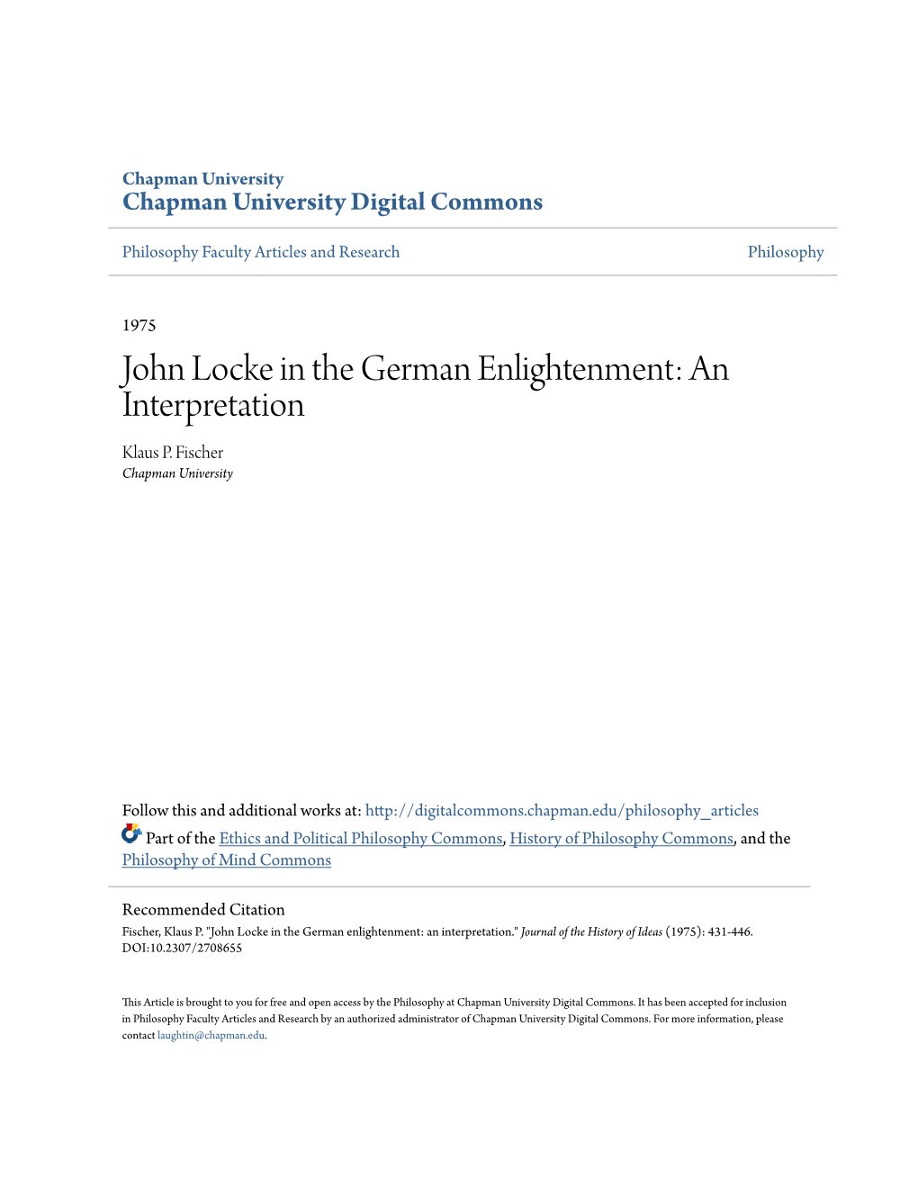 John Locke in the German Enlightenment: an Interpretation Klaus P