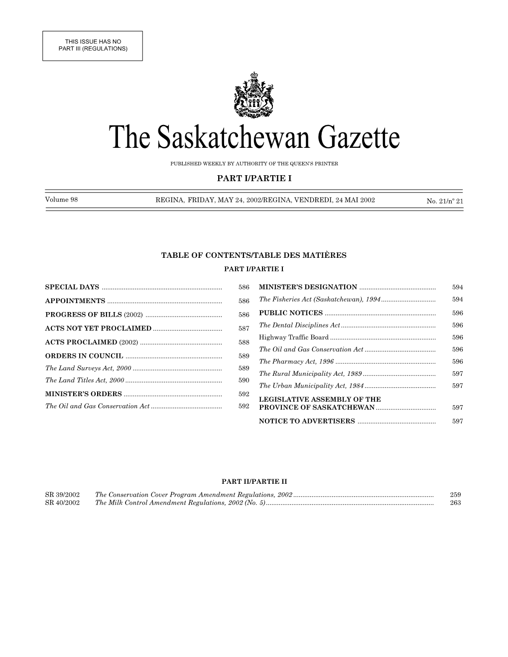 Sask Gazette, Part I, May 24, 2002