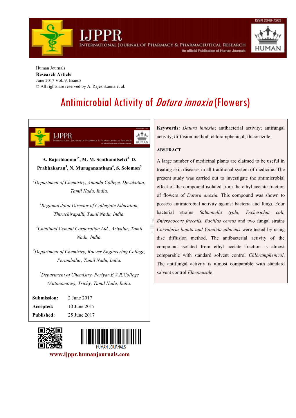 Antimicrobial Activity of Datura Innoxia(Flowers)