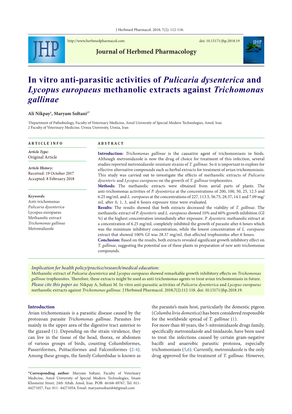 In Vitro Anti-Parasitic Activities of Pulicaria Dysenterica and Lycopus Europaeus Methanolic Extracts Against Trichomonas Gallinae