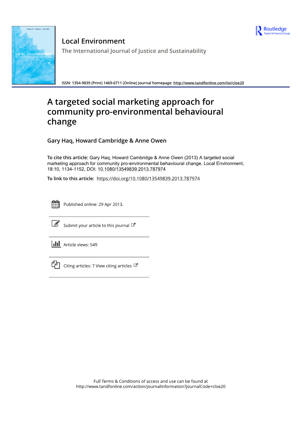 A Targeted Social Marketing Approach for Community Pro-Environmental Behavioural Change