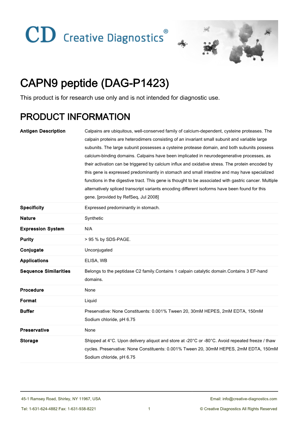 CAPN9 Peptide (DAG-P1423) This Product Is for Research Use Only and Is Not Intended for Diagnostic Use