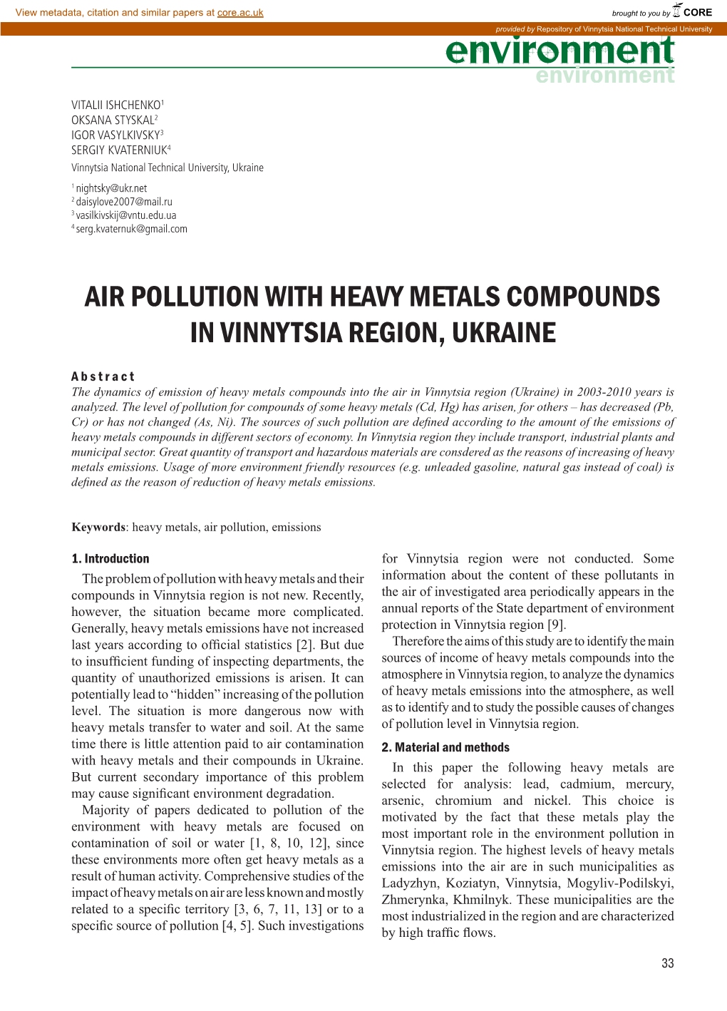 Air Pollution with Heavy Metals Compounds in Vinnytsia Region, Ukraine