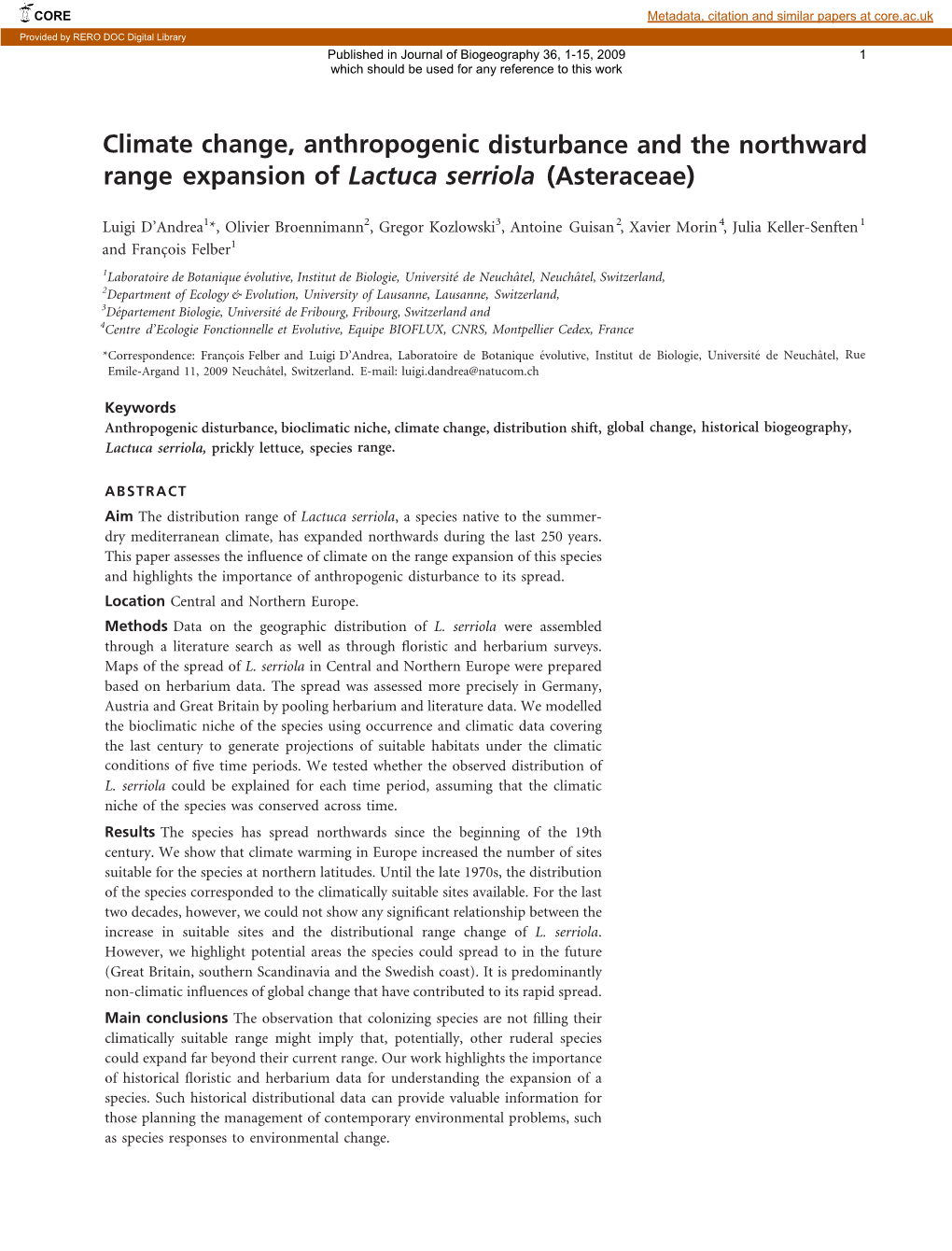 Climate Change, Anthropogenic Disturbance and the Northward Range Expansion of Lactuca Serriola (Asteraceae)