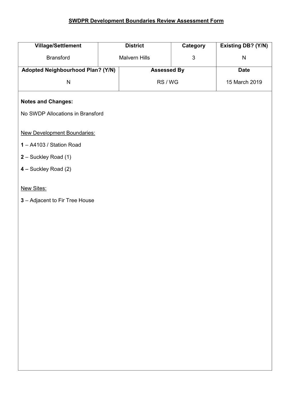 SWDPR Development Boundaries Review Assessment Form