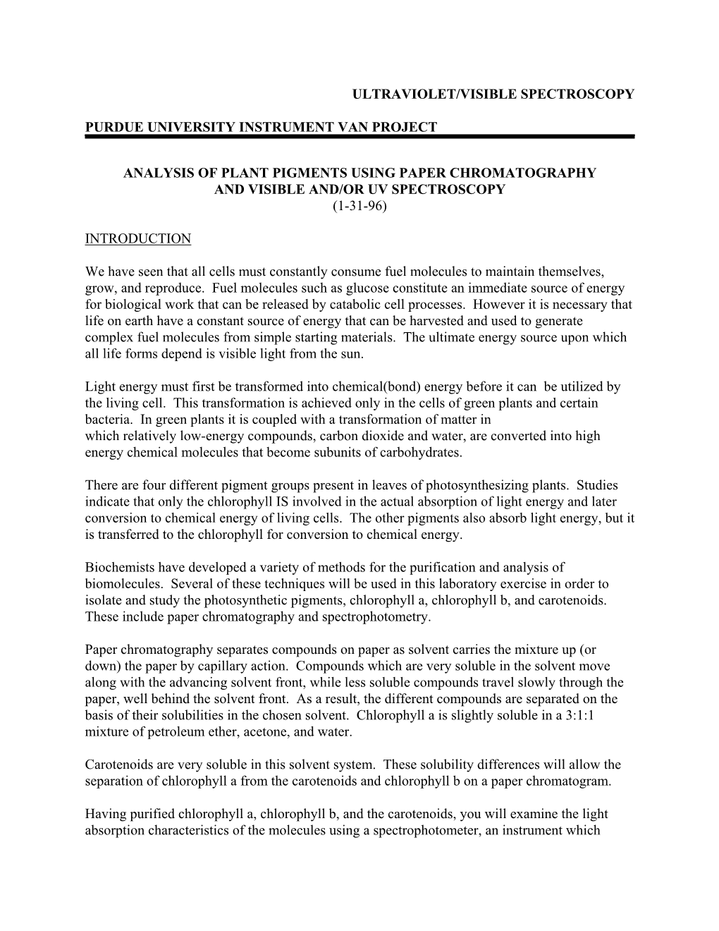 Analysis of Plant Pigments Using Paper Chromatography and Visible And/Or Uv Spectroscopy (1-31-96)