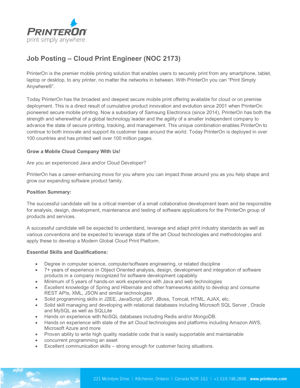 Job Posting – Cloud Print Engineer (NOC 2173)