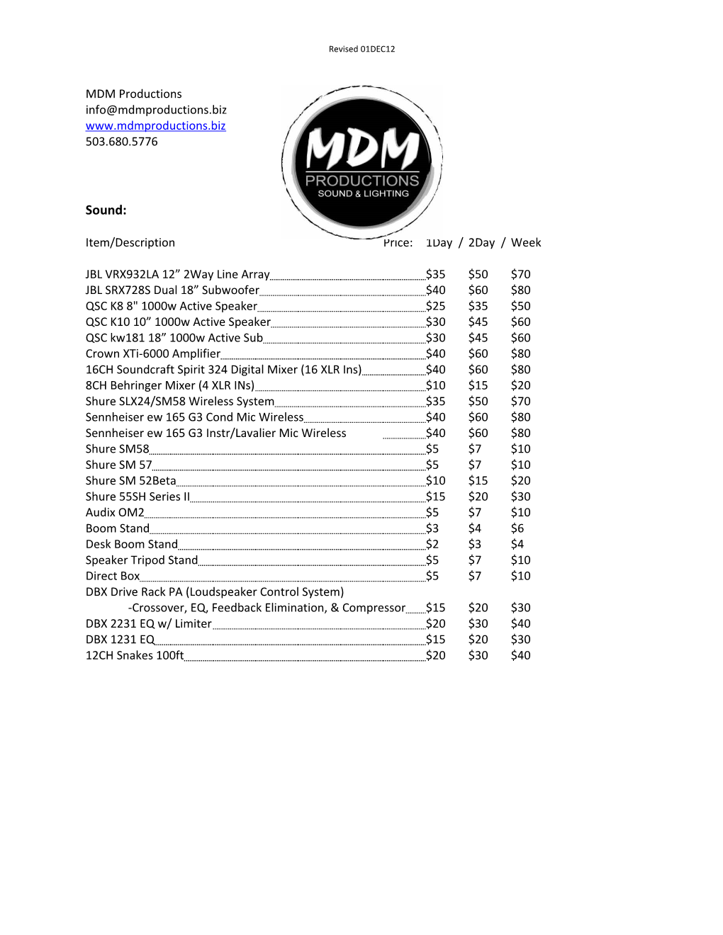 Rental Pricing 2013