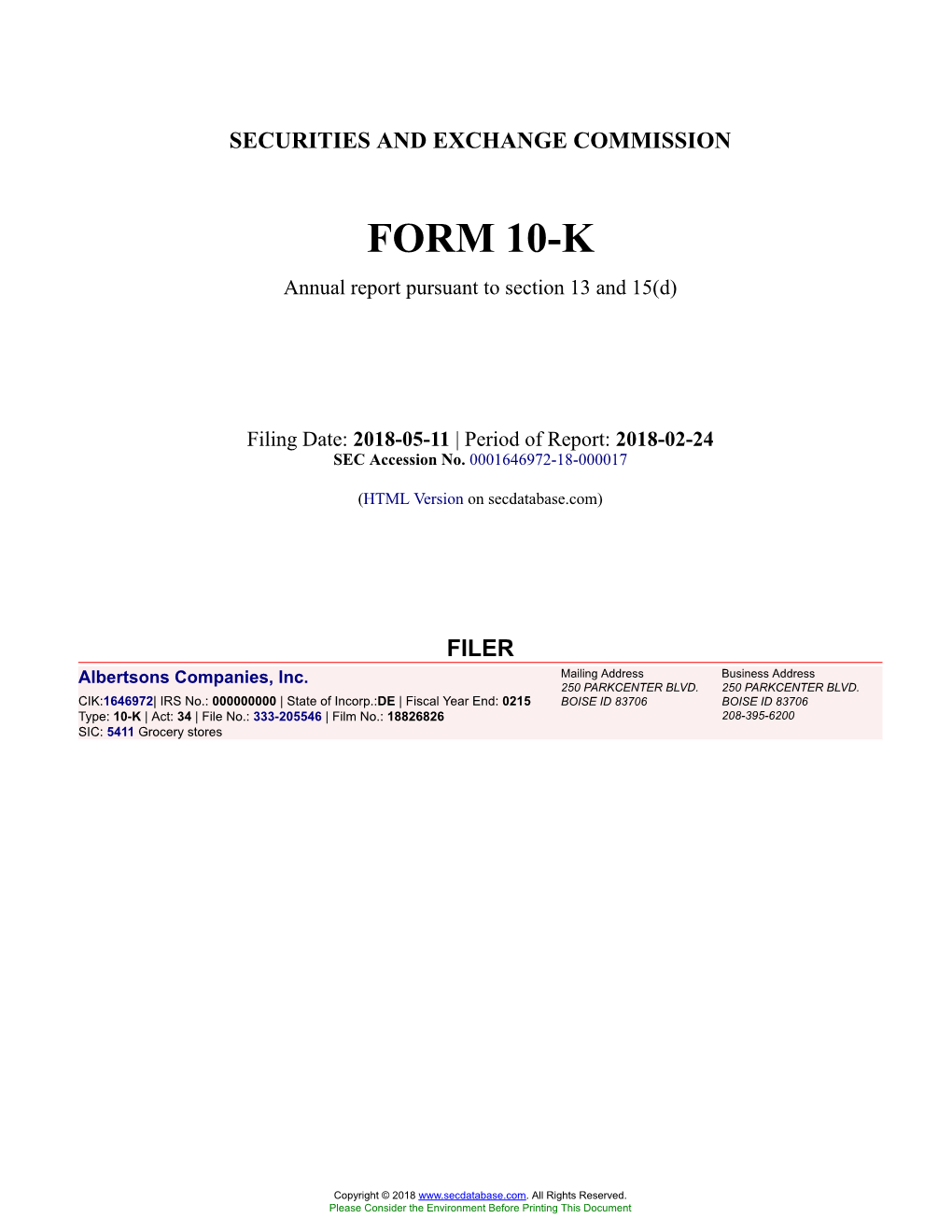 Albertsons Companies, Inc. Form 10-K Annual Report Filed 2018-05-11