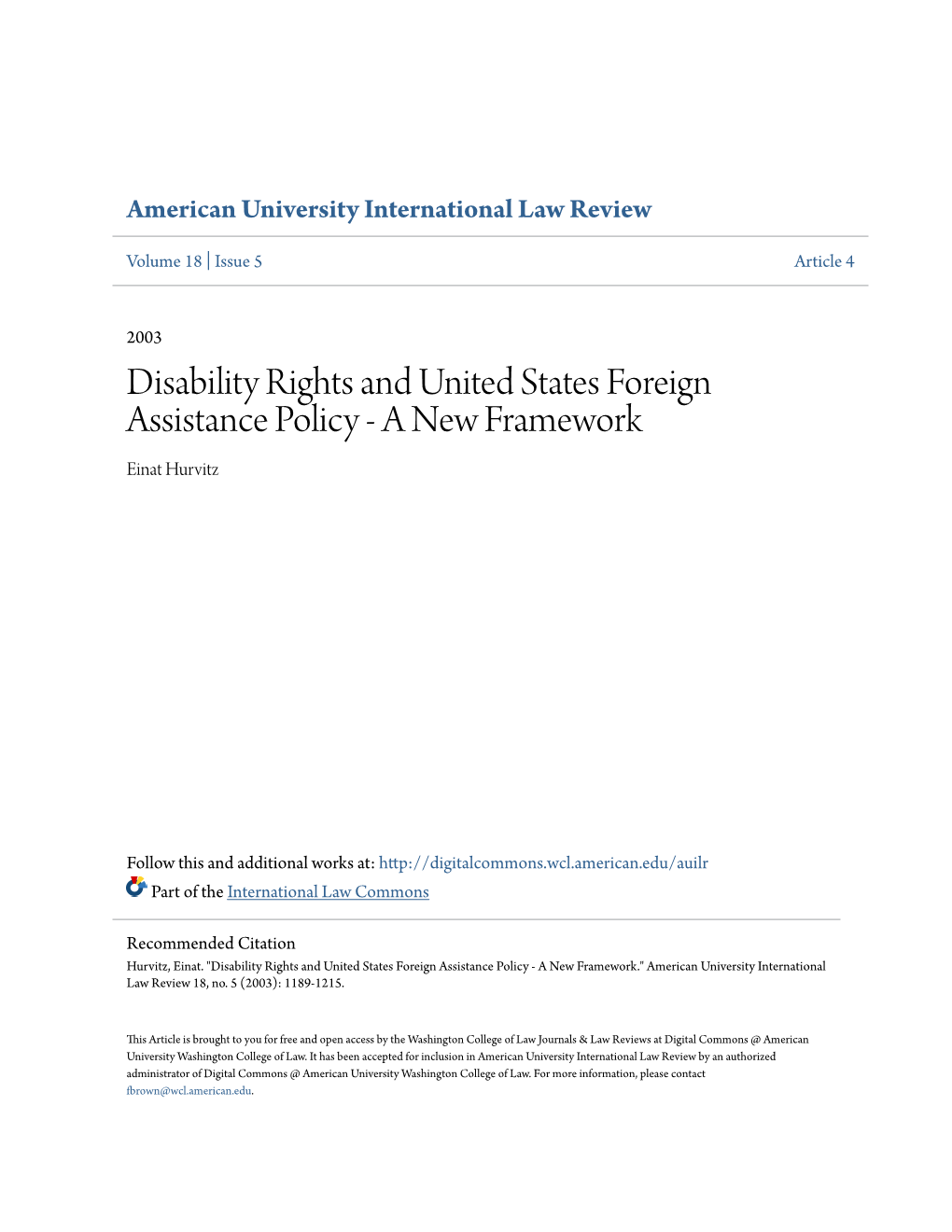 Disability Rights and United States Foreign Assistance Policy - a New Framework Einat Hurvitz