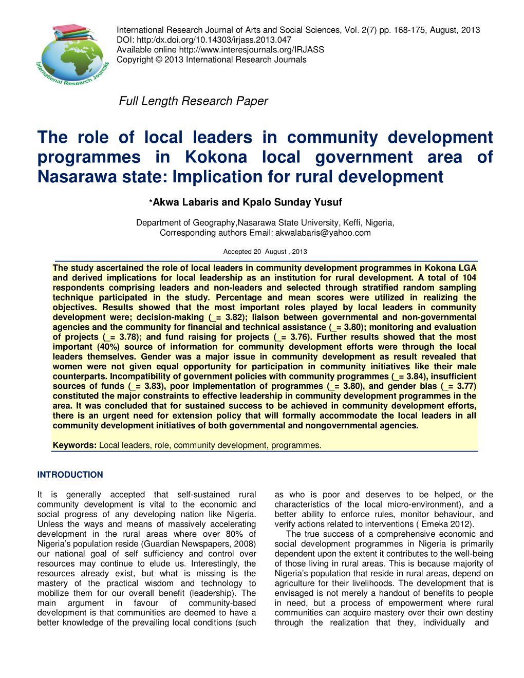 The Role of Local Leaders in Community Development Programmes in Kokona Local Government Area of Nasarawa State: Implication for Rural Development