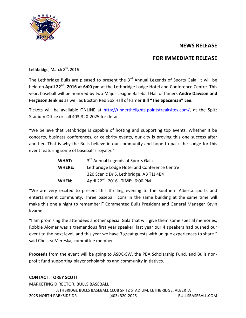 News Release for Immediate Release