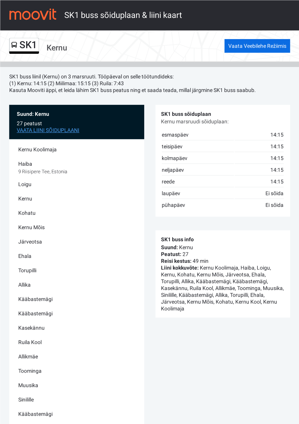 SK1 Buss Sõiduplaan & Liini Marsruudi Kaart