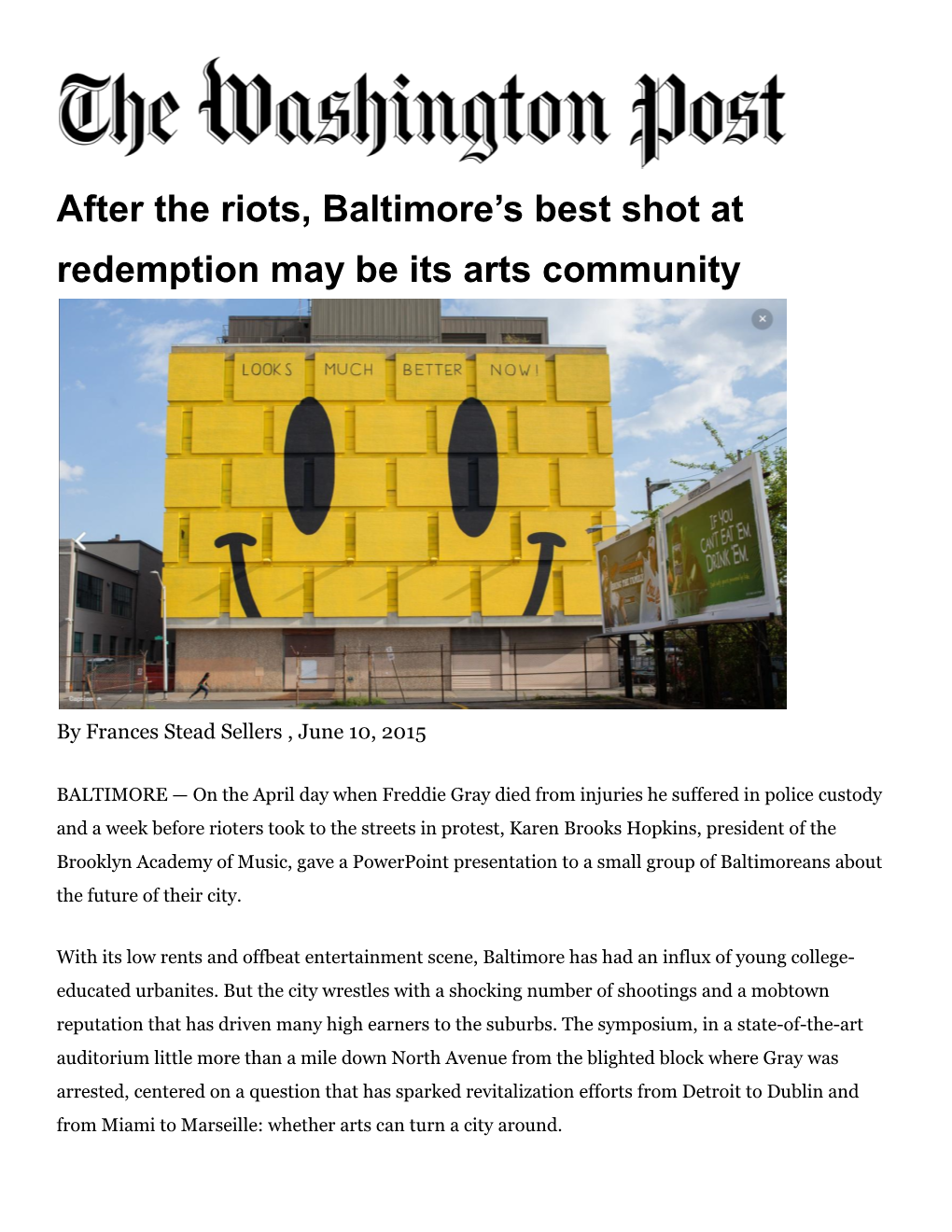 After the Riots, Baltimore's Best Shot at Redemption May Be Its Arts Community