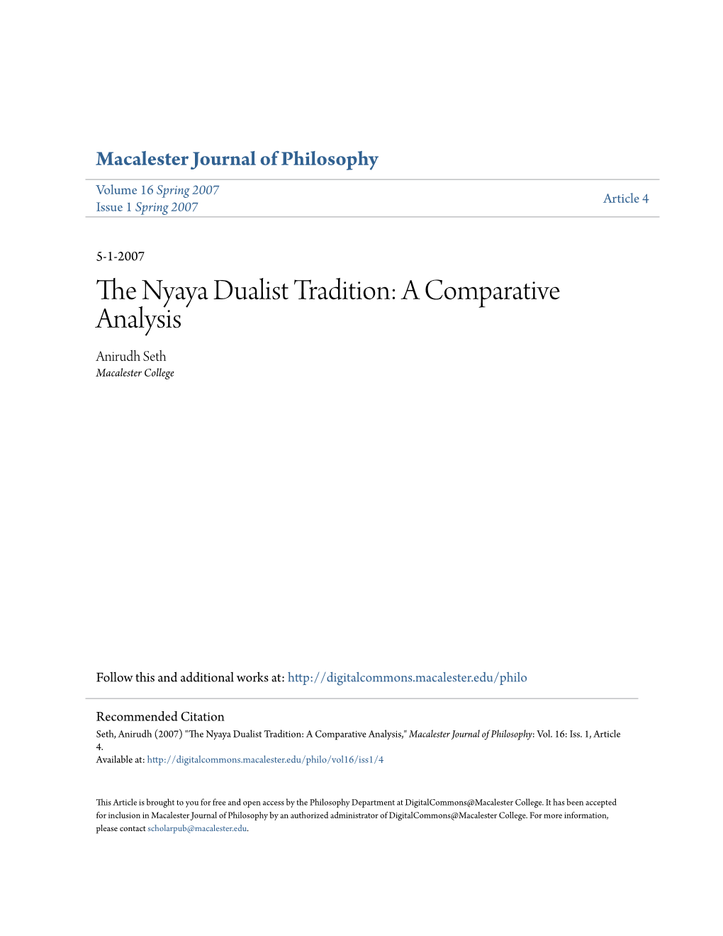 The Nyaya Dualist Tradition: a Comparative Analysis